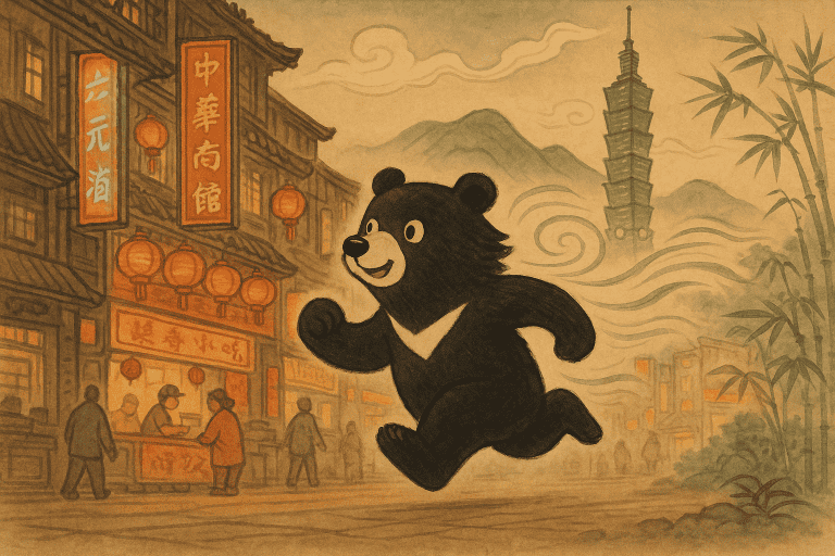 Formosa bear running around Taipei with wind behind him