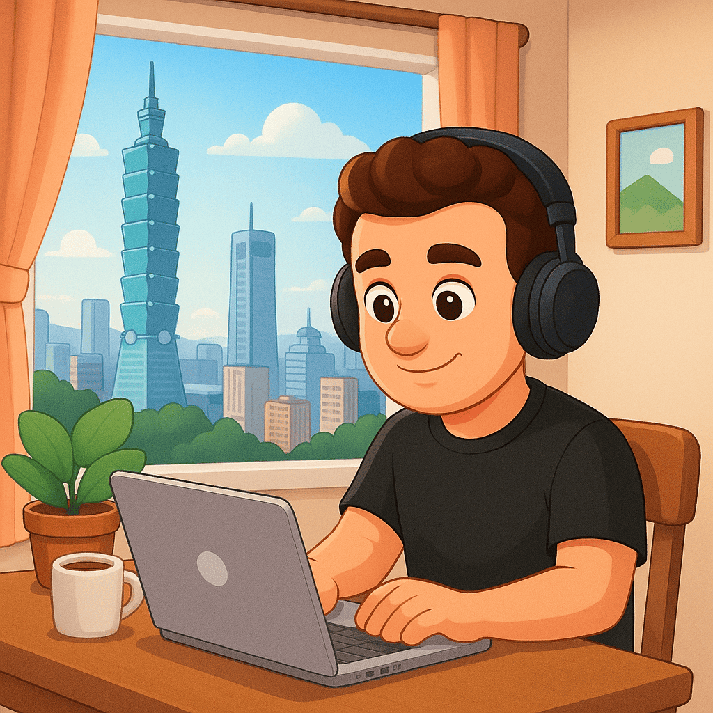 Ben listening to Music working on his laptop with Taipei outside the window.